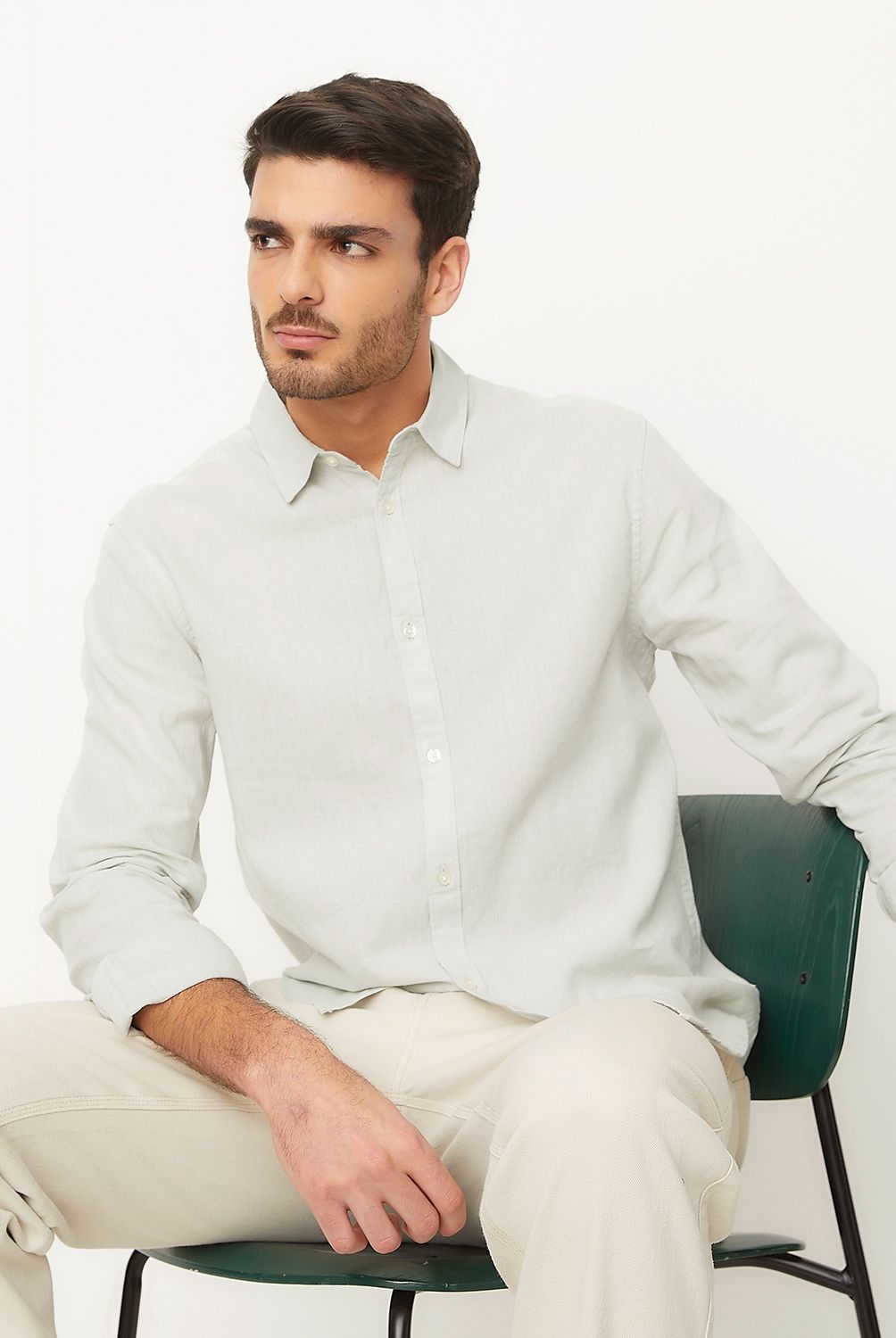 BASEMENT - Camisa Manga Larga Casual Lino Hombre Basement