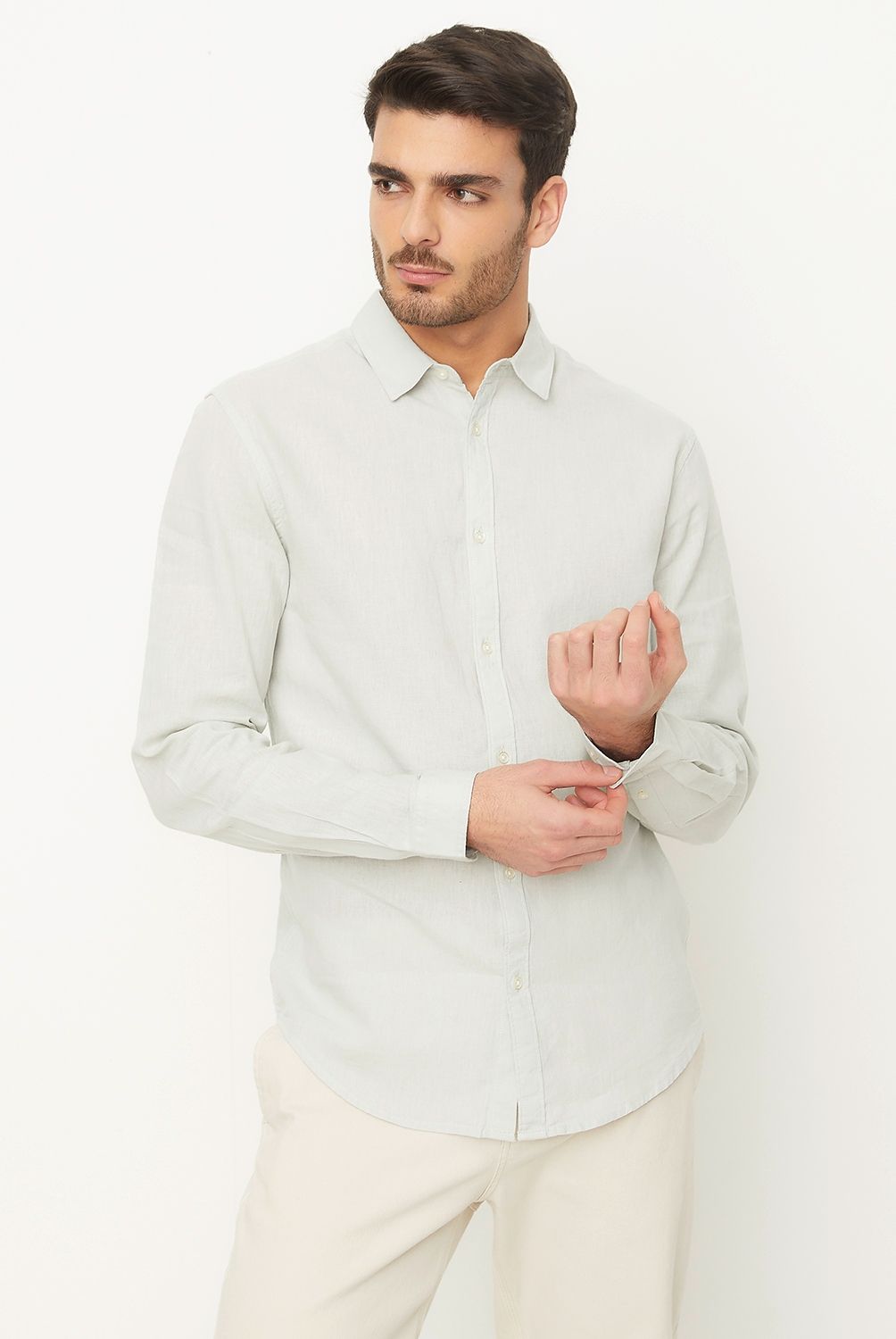 BASEMENT - Camisa Manga Larga Casual Lino Hombre Basement