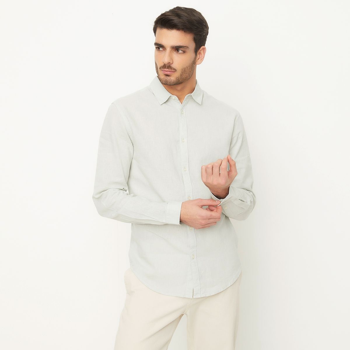 BASEMENT - Camisa Manga Larga Casual Lino Hombre Basement