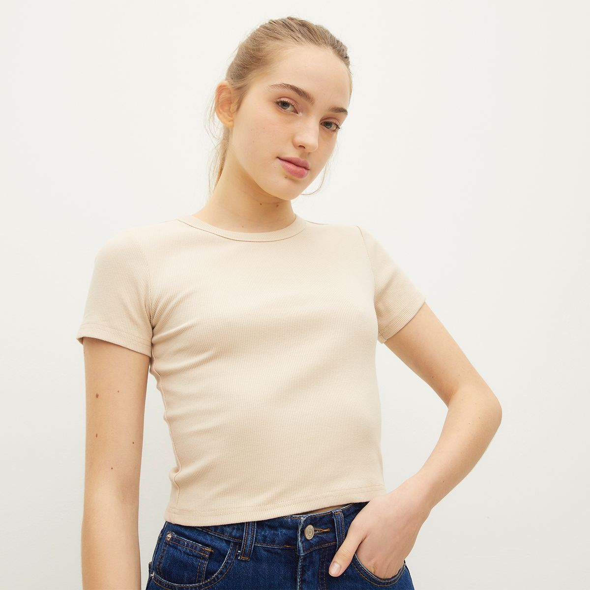 SYBILLA - Polera Sybilla Rib Crop Manga Corta Mujer Algodón