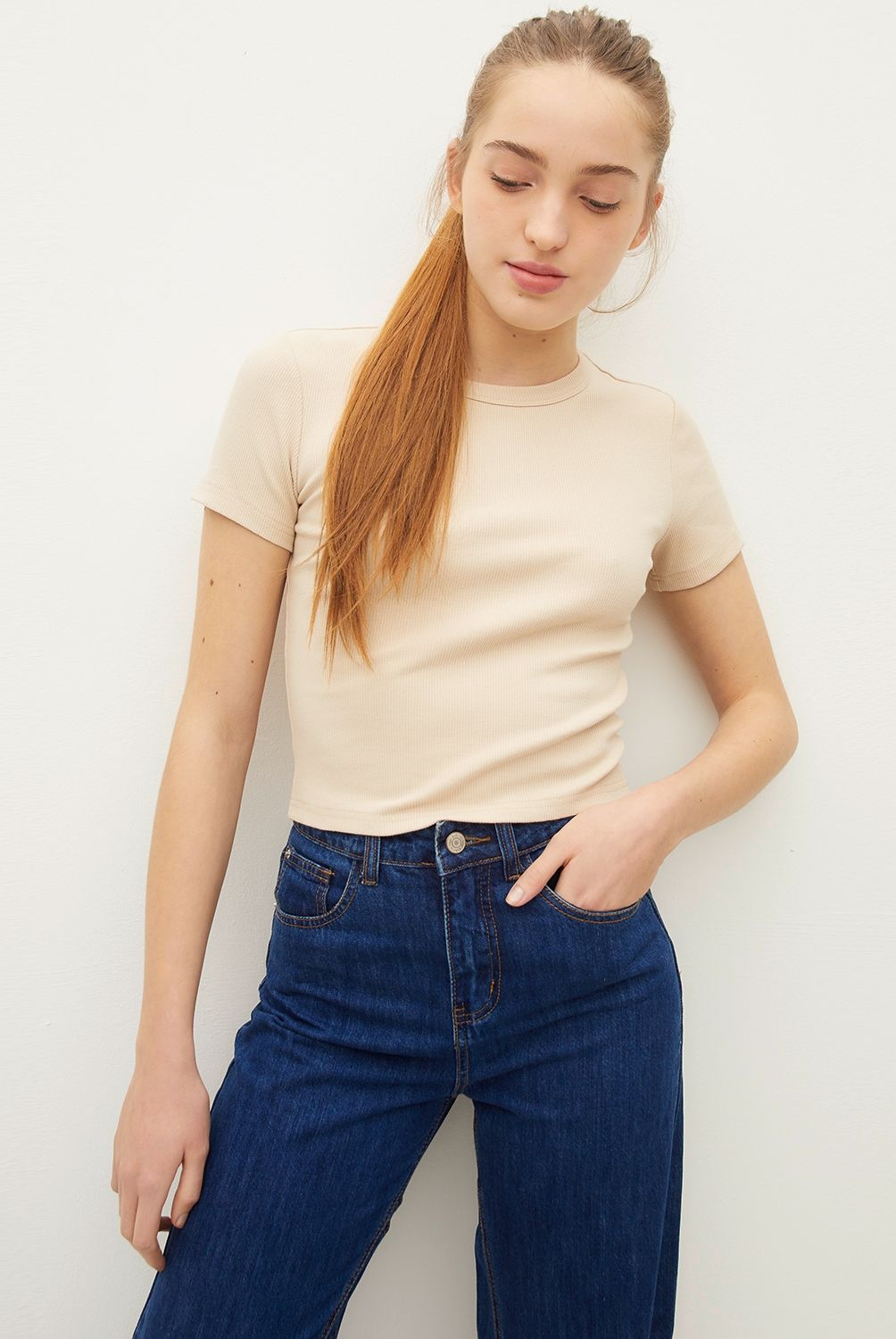SYBILLA - Polera Sybilla Rib Crop Manga Corta Mujer Algodón