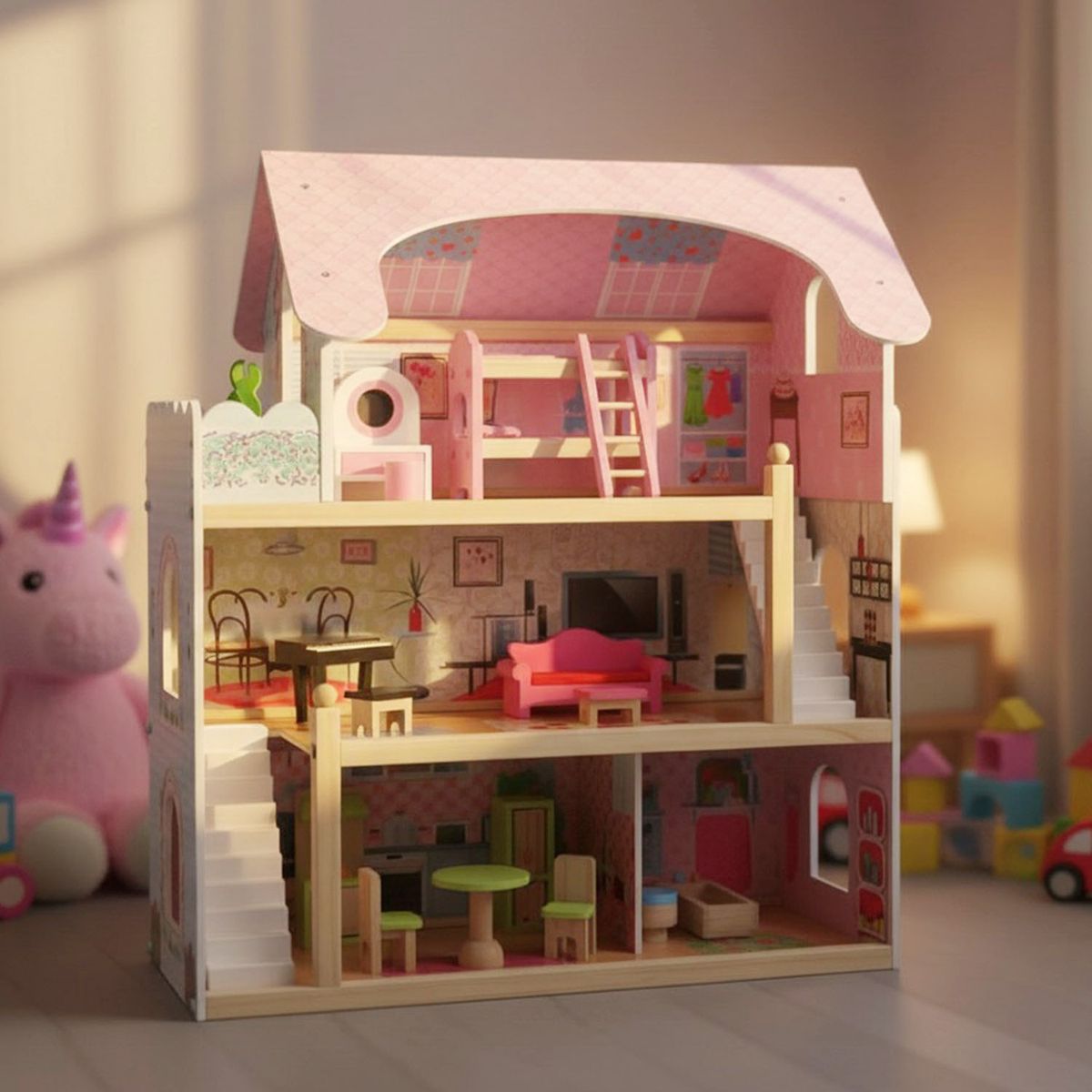 SCOOP - Casa De Muñecas Rosada De Madera Con Muebles 16 Piezas Scoop