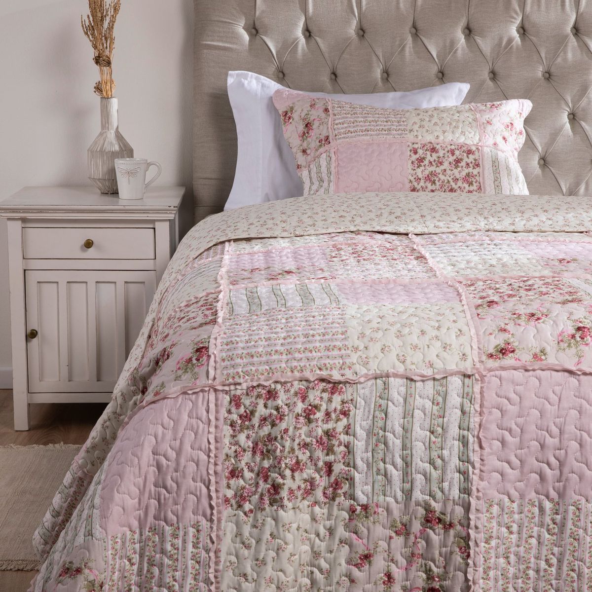 TEXTIL VIÑA - Cubrecama Quilt + Funda De Almohada Patch Rosa Textil Viña