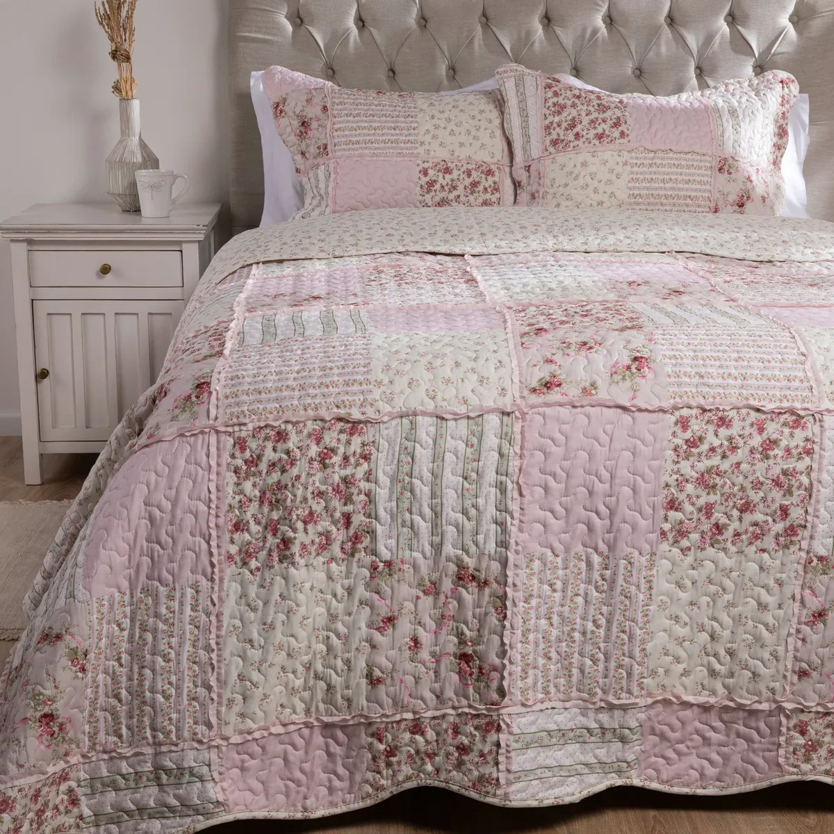 TEXTIL VIÑA - Cubrecama Quilt + Funda De Almohada Patch Rosa Textil Viña