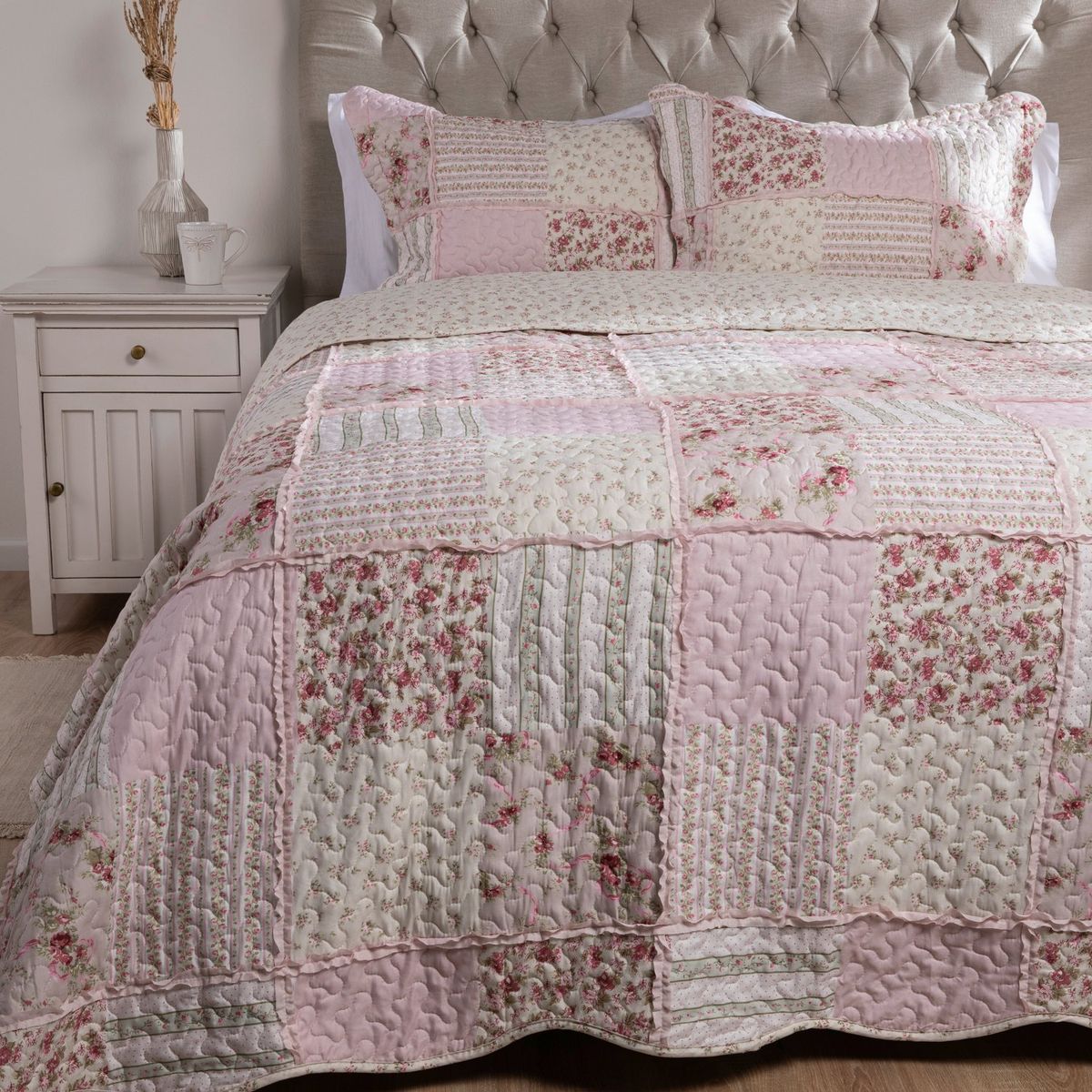 TEXTIL VIÑA - Cubrecama Quilt + Funda De Almohada Patch Rosa Textil Viña