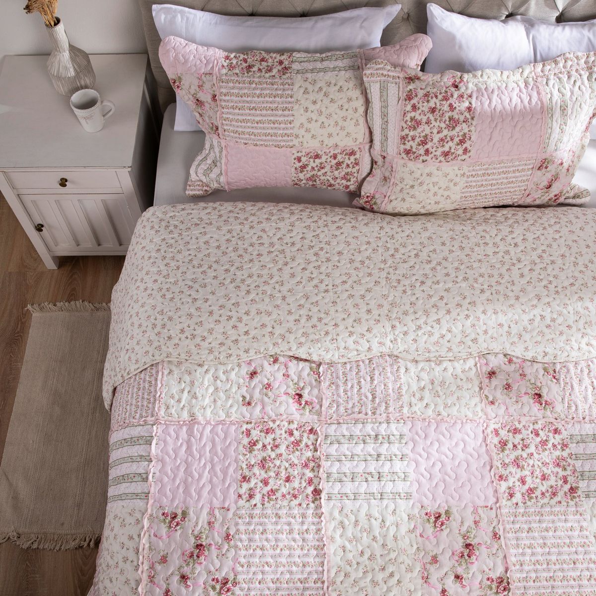 TEXTIL VIÑA - Cubrecama Quilt + Funda De Almohada Patch Rosa Textil Viña