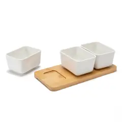 BASEMENT HOME - Set Aperitivo 3 Bowls Porcelana y Bandeja Bambú