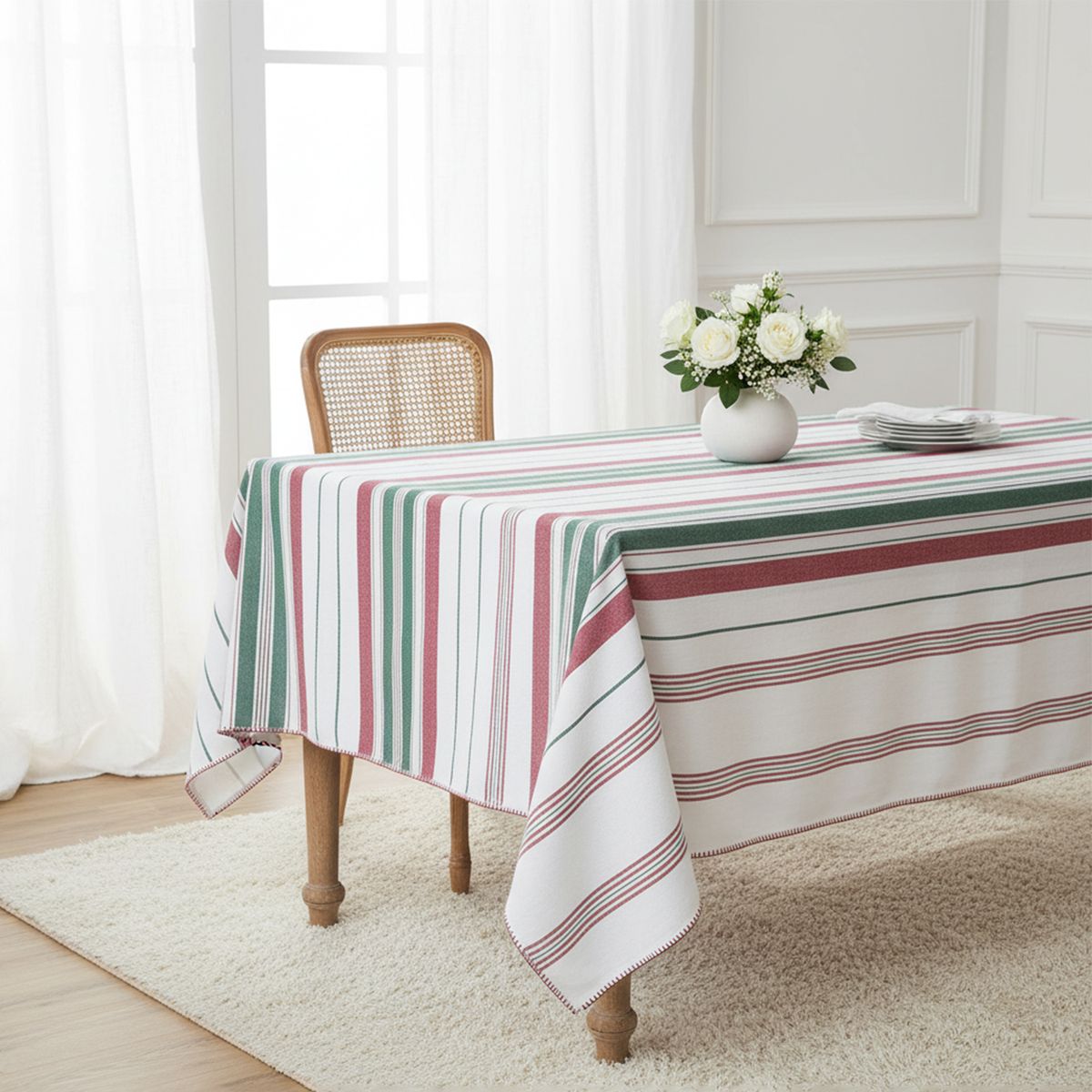 ROBERTA ALLEN - Mantel Algodón Líneas Rojas Y Verdes Navidad Roja Roberta Allen