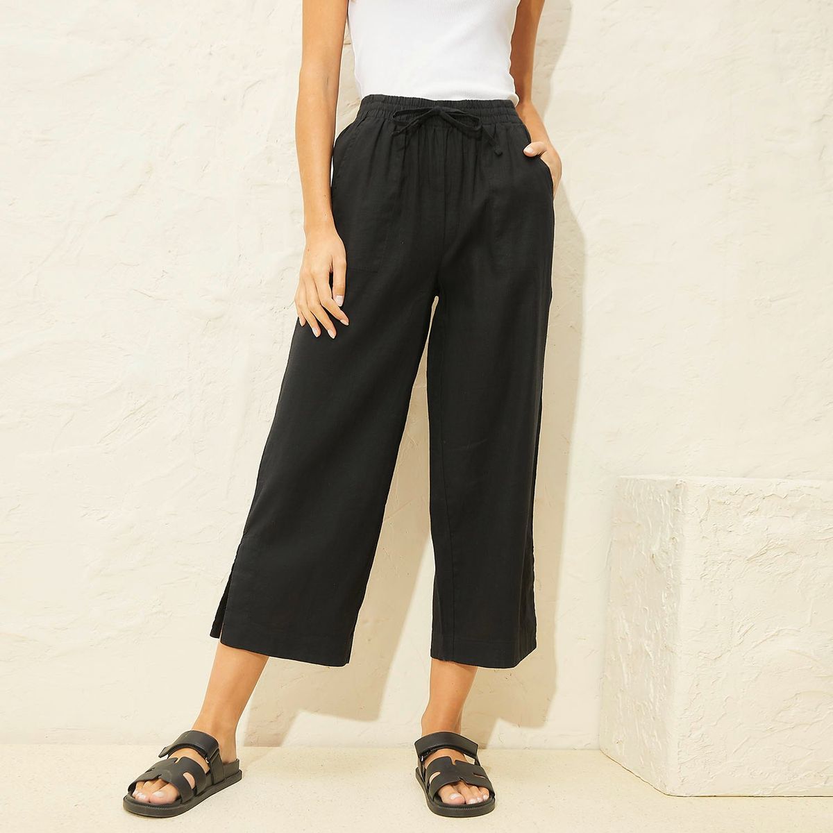 BASEMENT - Pantalón Culotte Lino Tiro Alto Basement Mujer