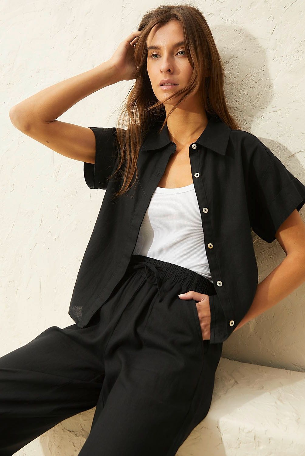 BASEMENT - Blusa Manga Corta 100% Lino Mujer Basement