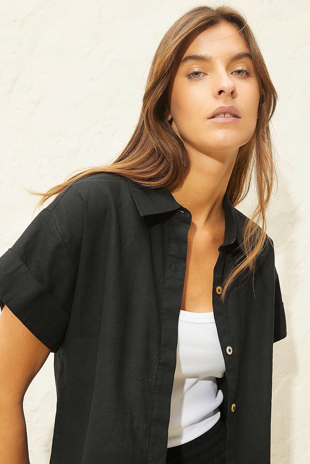 BASEMENT - Blusa Manga Corta 100% Lino Mujer Basement