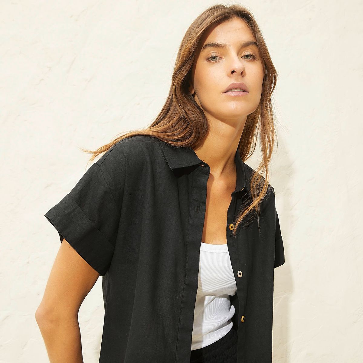 BASEMENT - Blusa Manga Corta 100% Lino Mujer Basement