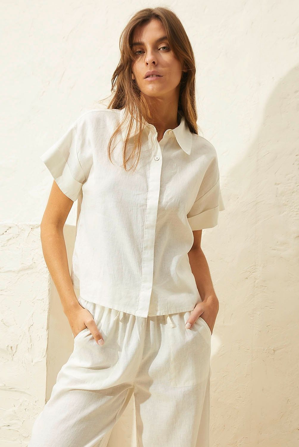 BASEMENT - Blusa Manga Corta 100% Lino Mujer Basement