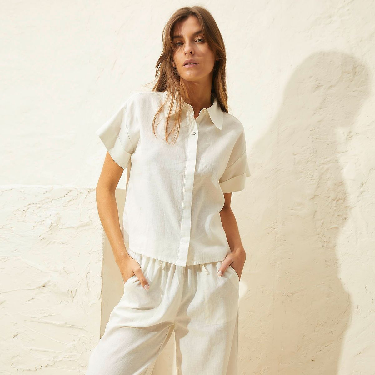 BASEMENT - Blusa Manga Corta 100% Lino Mujer Basement