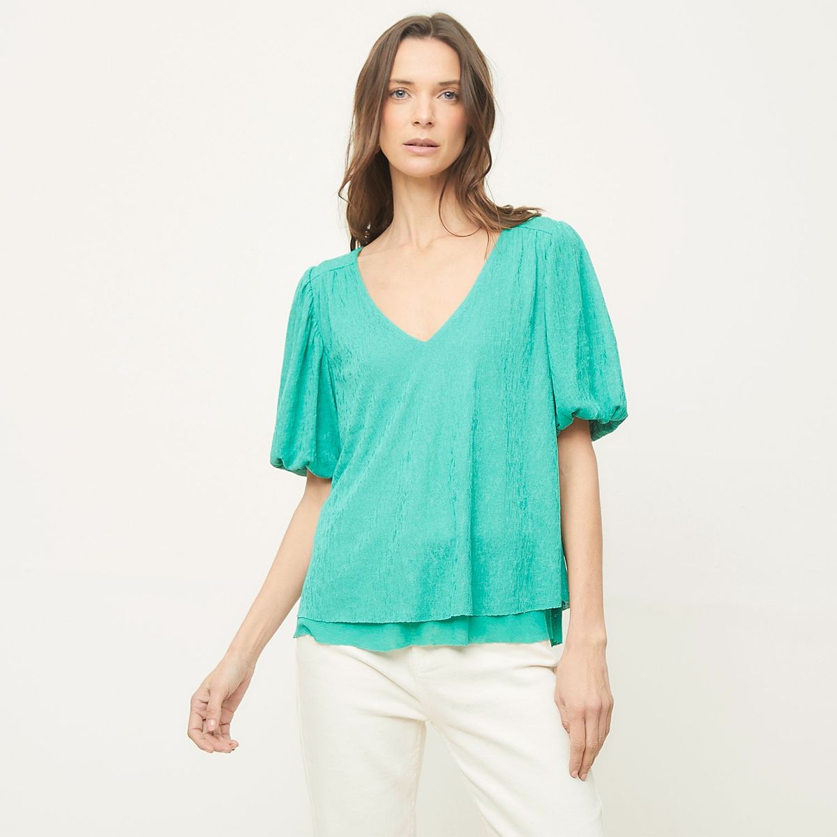 BASEMENT - Polera Basement Manga Corta Cuello V Mujer