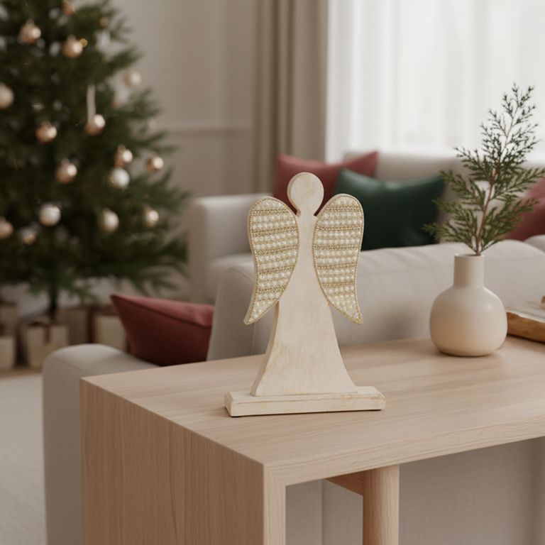 Adorno Ángel Blanco Mostacillas Doradas Navidad 25 Cm