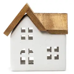 MICA - Adorno Casa Madera Y Cerámica Con Luces 16 Cm