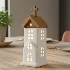 MICA - Iglesia Cerámica y Madera 24X8.8X8.2 cm Adorno Decoración Navidad