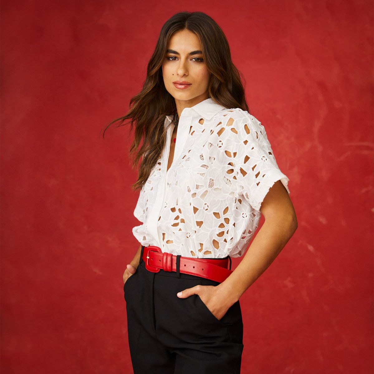 BASEMENT - Blusa Broderie Manga Corta Algodón Mujer Basement