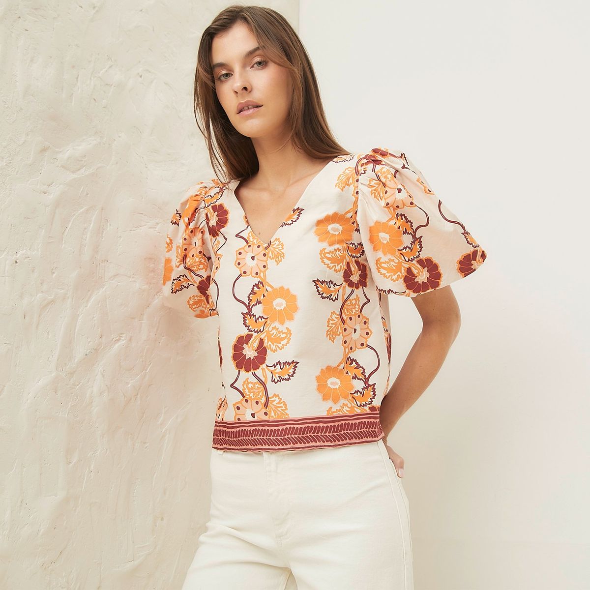 BASEMENT - Blusa Manga Corta Globo Lino Mujer Basement