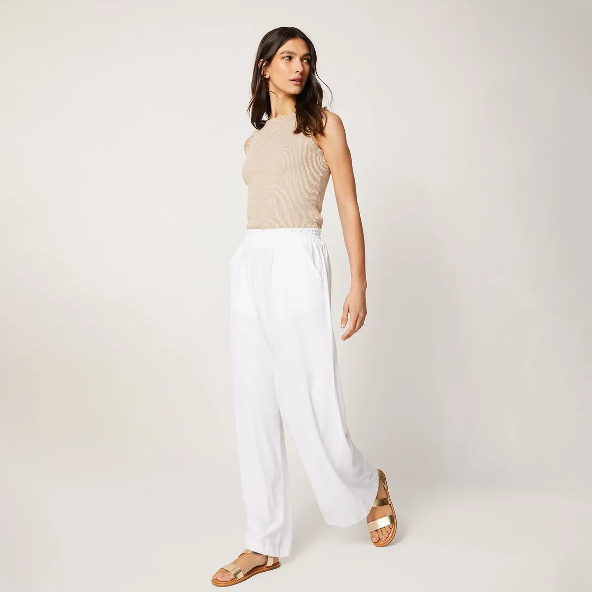 ELLE - Pantalón Palazzo Tiro Alto Lino Mujer Elle