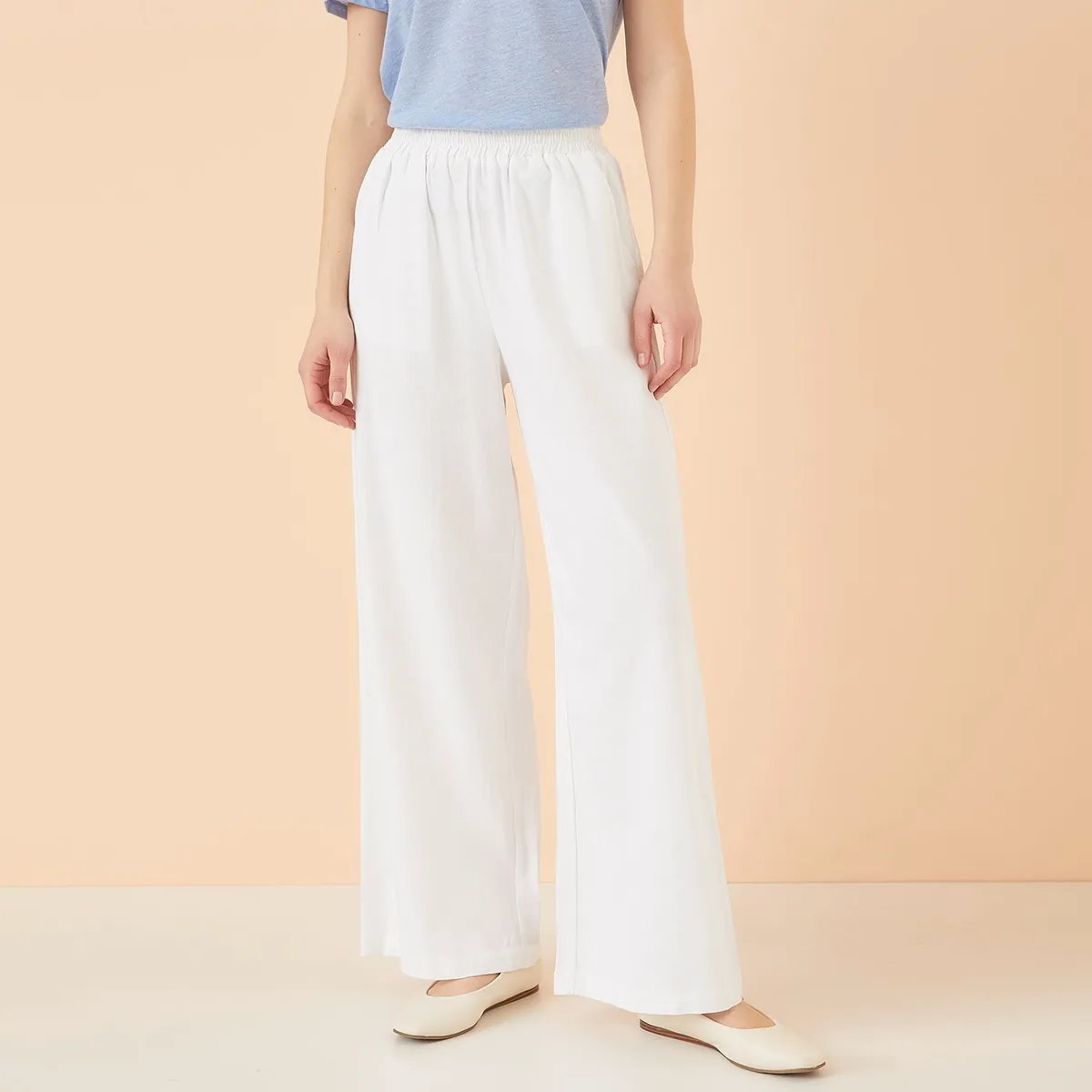 ELLE - Pantalón Palazzo Tiro Alto Lino Mujer Elle