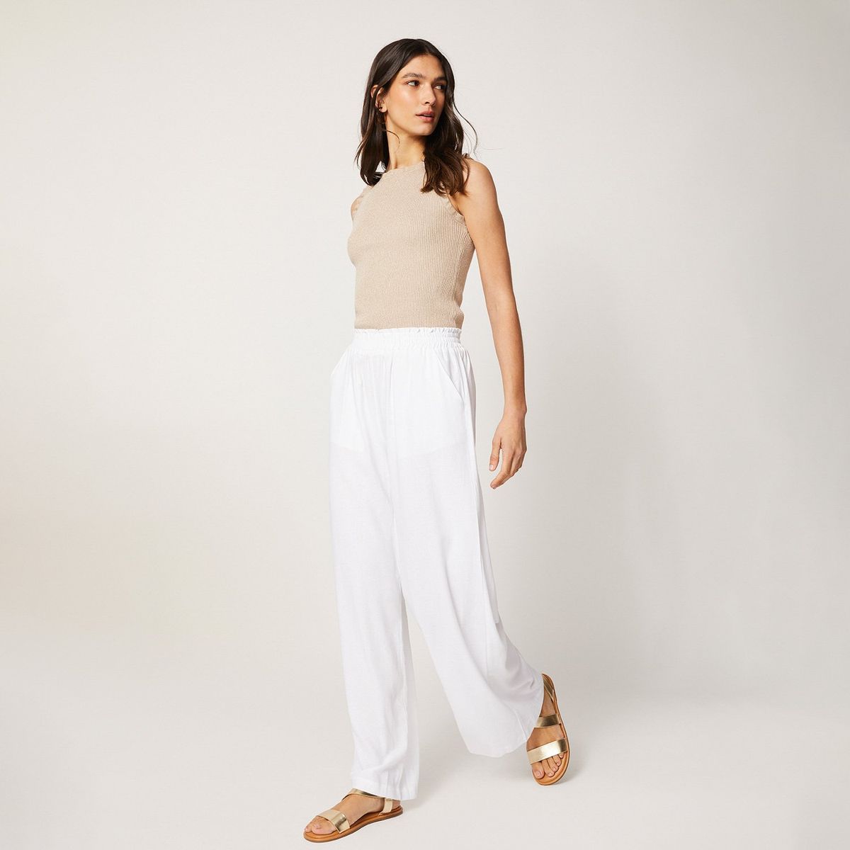 ELLE - Pantalón Palazzo Tiro Alto Lino Mujer Elle