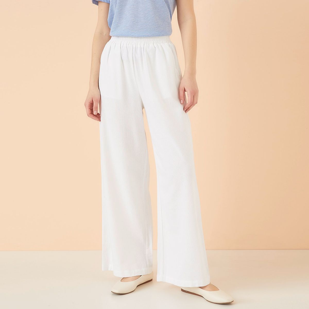 ELLE - Pantalón Palazzo Tiro Alto Lino Mujer Elle