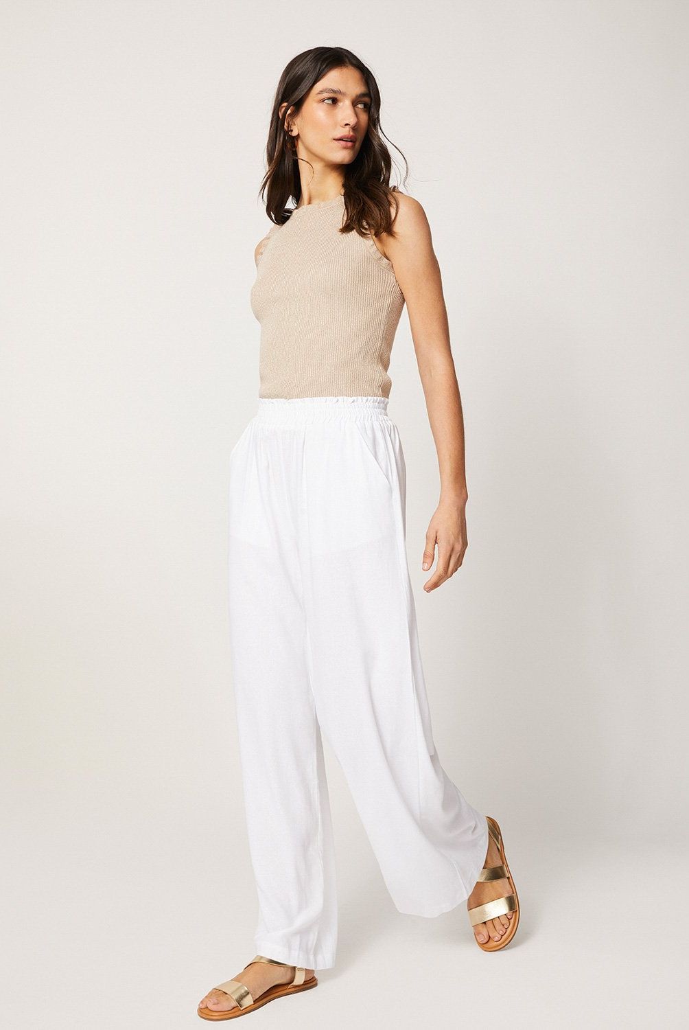 ELLE - Pantalón Palazzo Tiro Alto Lino Mujer Elle