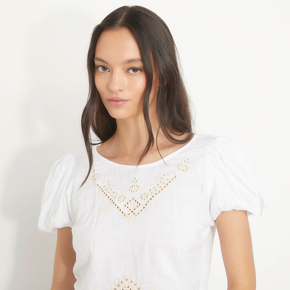 SYBILLA - Blusa Cropped Broderie Manga Corta Mujer Sybilla