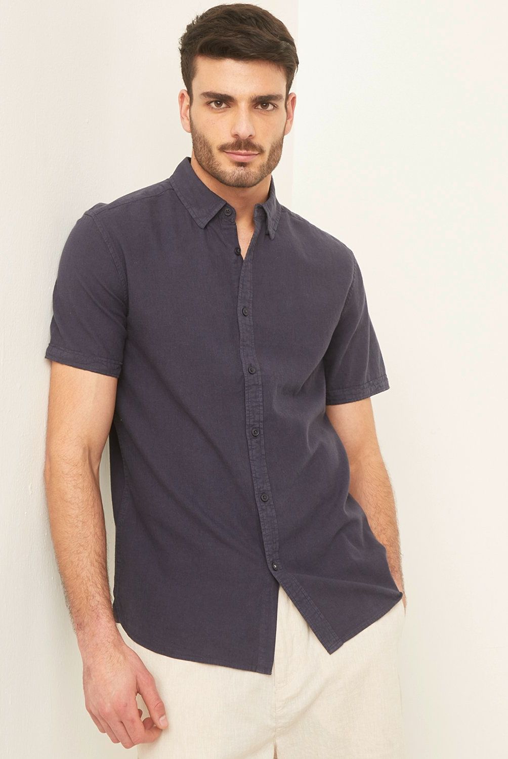 BASEMENT - Camisa Basement Hombre Lino Manga Corta Slim Fit