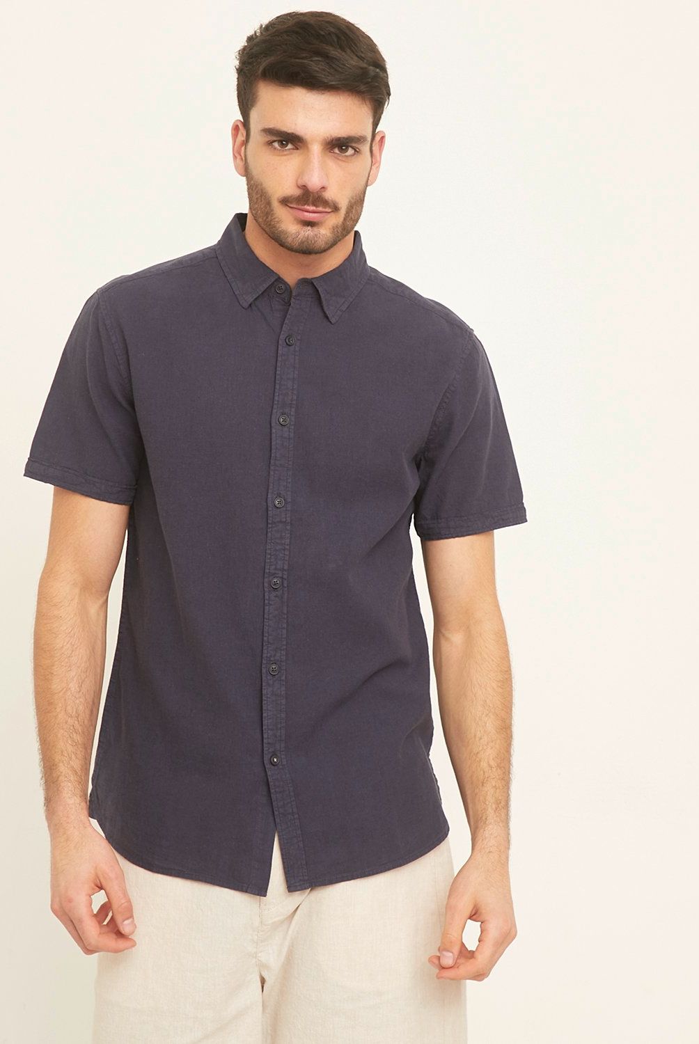 BASEMENT - Camisa Basement Hombre Lino Manga Corta Slim Fit