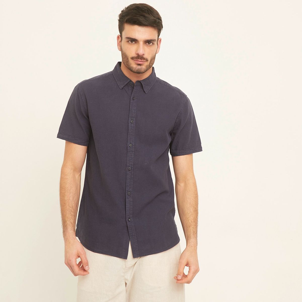 BASEMENT - Camisa Basement Hombre Lino Manga Corta Slim Fit