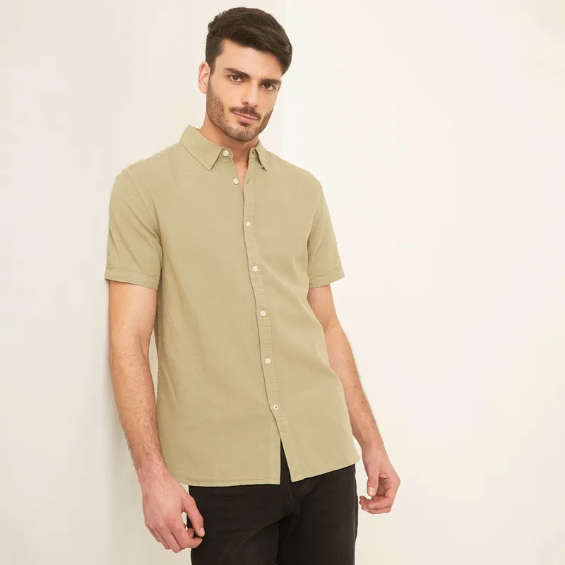 BASEMENT - Camisa Basement Hombre Lino Manga Corta Slim Fit