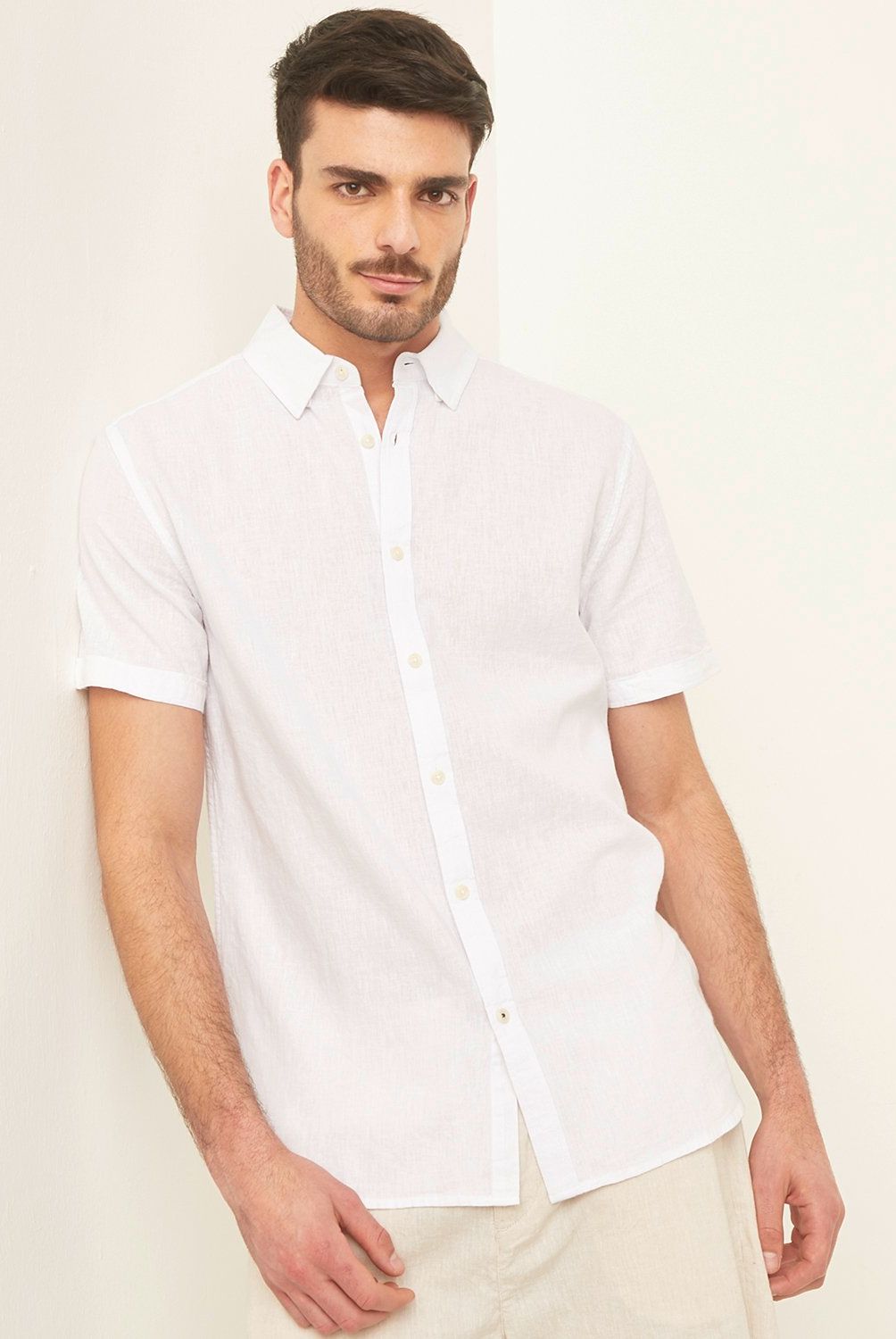 BASEMENT - Camisa Basement Hombre Lino Manga Corta Slim Fit