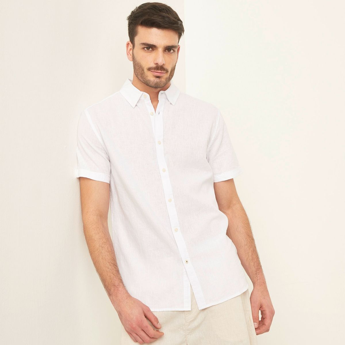 BASEMENT - Camisa Basement Hombre Lino Manga Corta Slim Fit