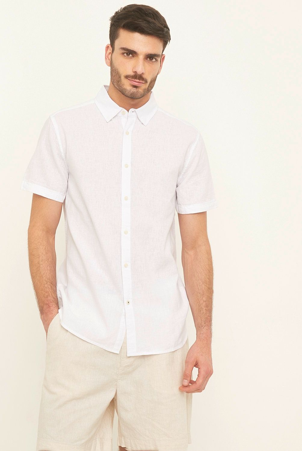 BASEMENT - Camisa Basement Hombre Lino Manga Corta Slim Fit
