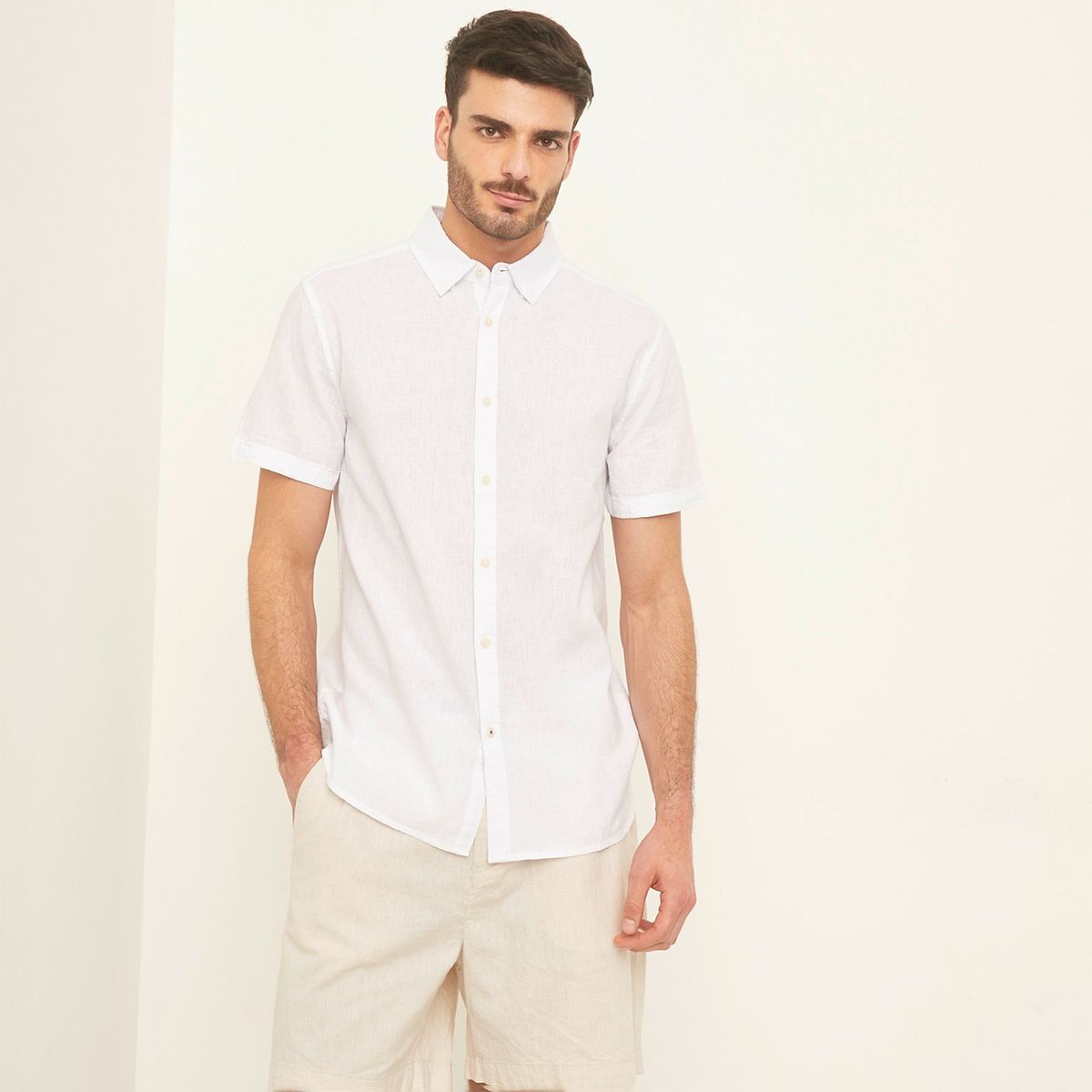 BASEMENT - Camisa Basement Hombre Lino Manga Corta Slim Fit