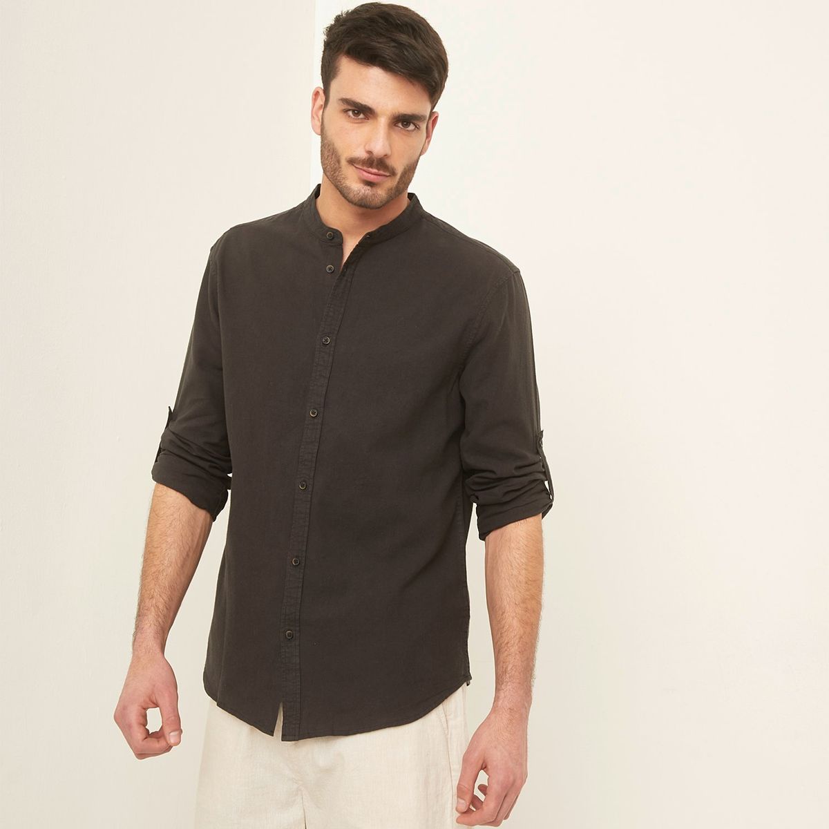 BASEMENT - Camisa Basement Hombre Manga Larga Cotton Lino Slim Fit
