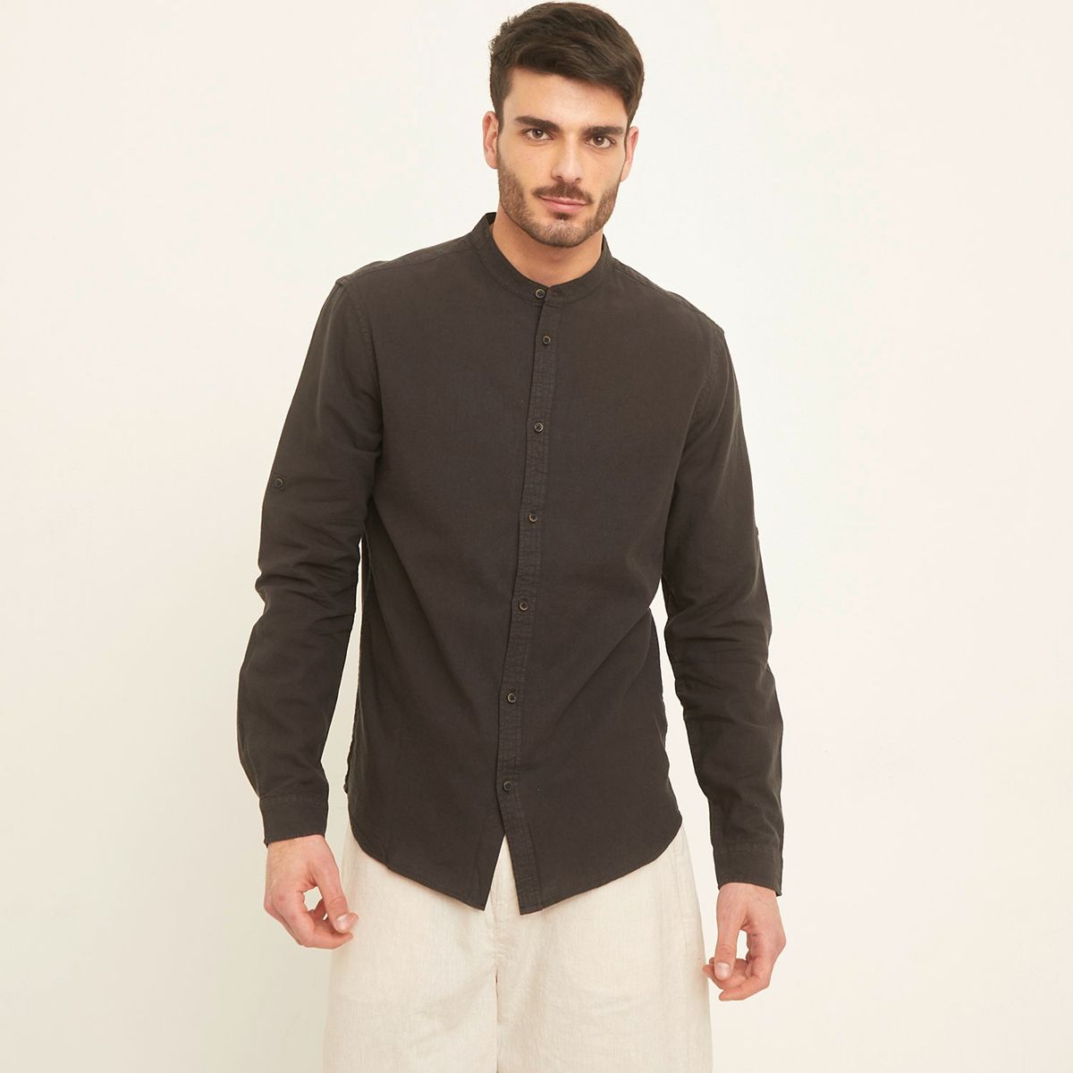 BASEMENT - Camisa Basement Hombre Manga Larga Cotton Lino Slim Fit