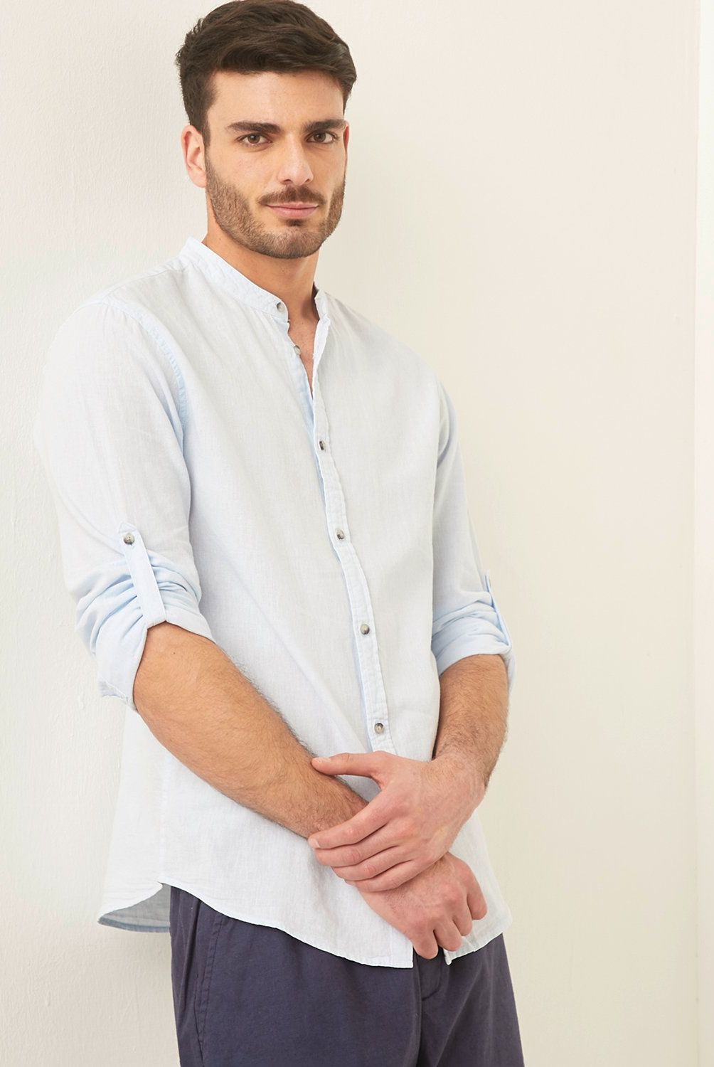 BASEMENT - Camisa Basement Hombre Manga Larga Cotton Lino Slim Fit