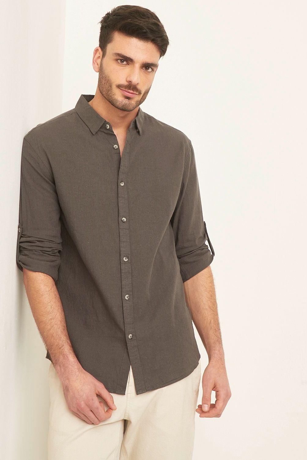 BASEMENT - Camisa Manga Larga Lino Slim Fit Hombre Basement
