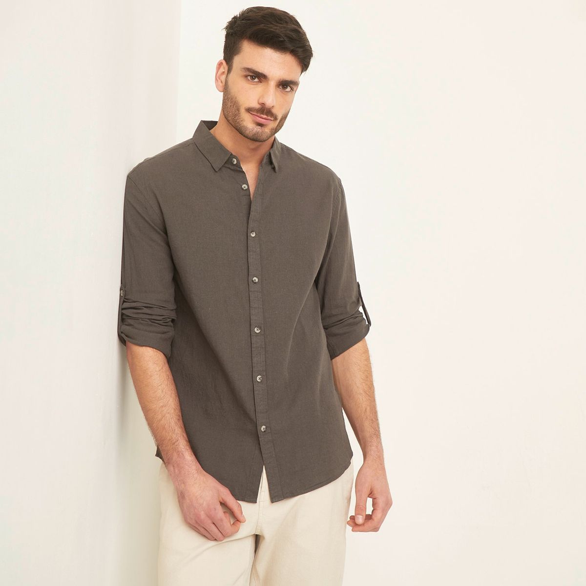 BASEMENT - Camisa Manga Larga Lino Slim Fit Hombre Basement