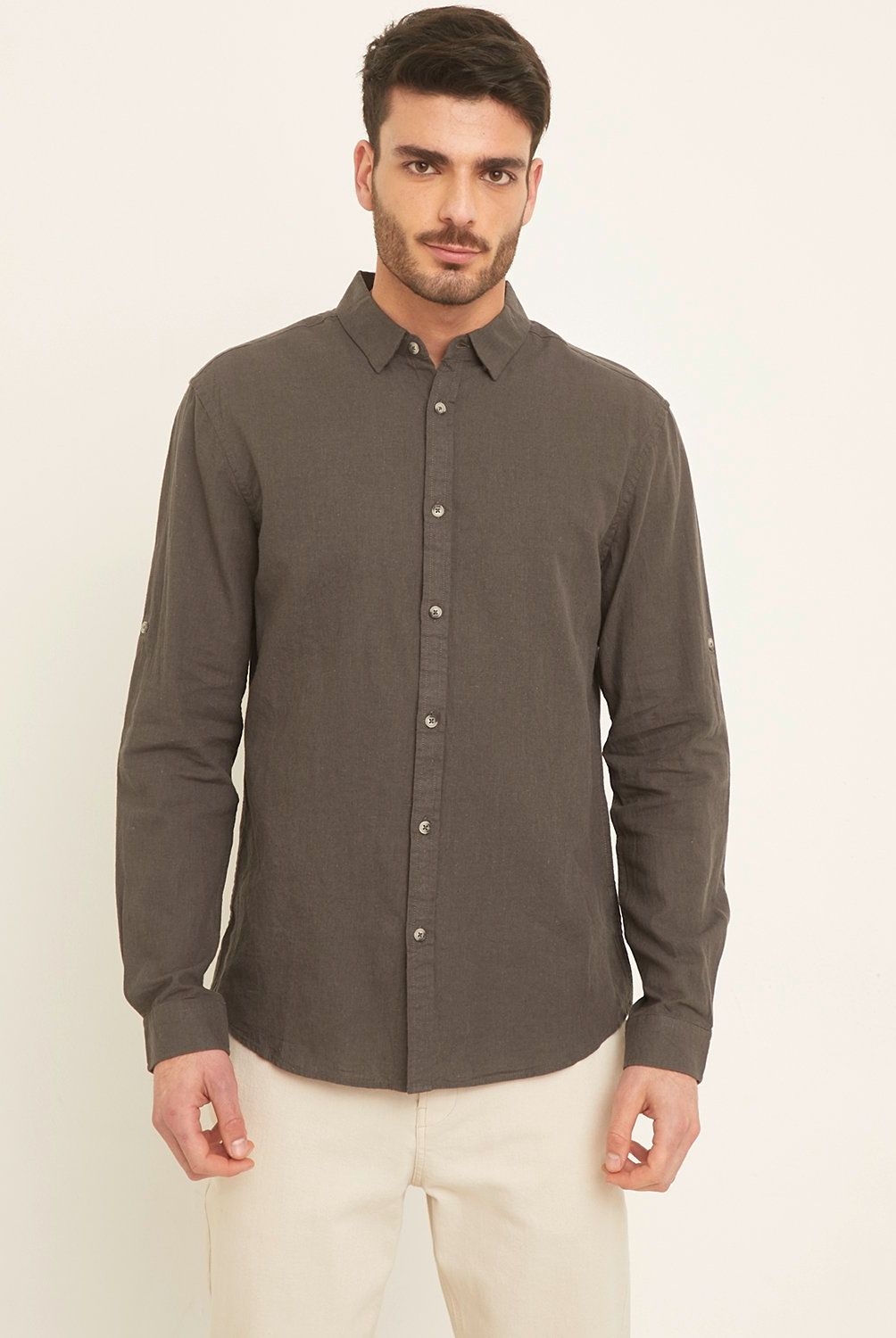 BASEMENT - Camisa Manga Larga Lino Slim Fit Hombre Basement