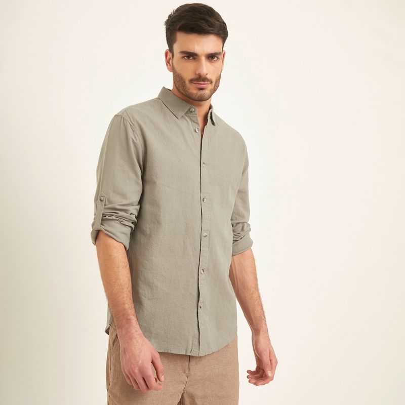 BASEMENT - Camisa Manga Larga Lino Slim Fit Hombre Basement