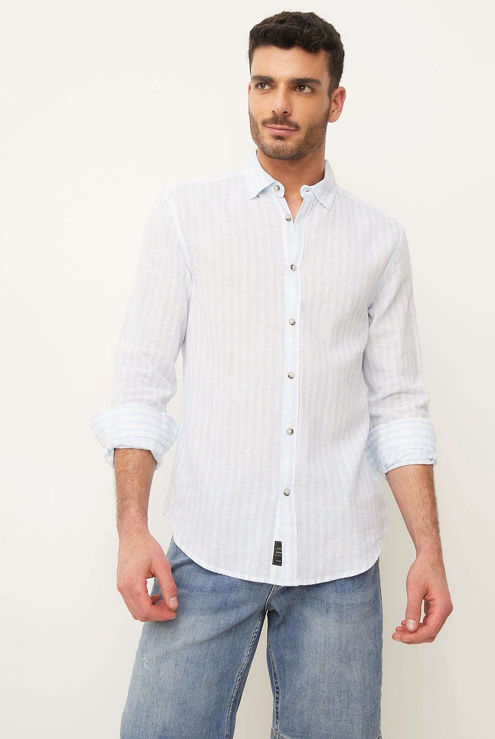 BASEMENT - Camisa Basement Hombre Lino Manga Larga Casual a Rayas