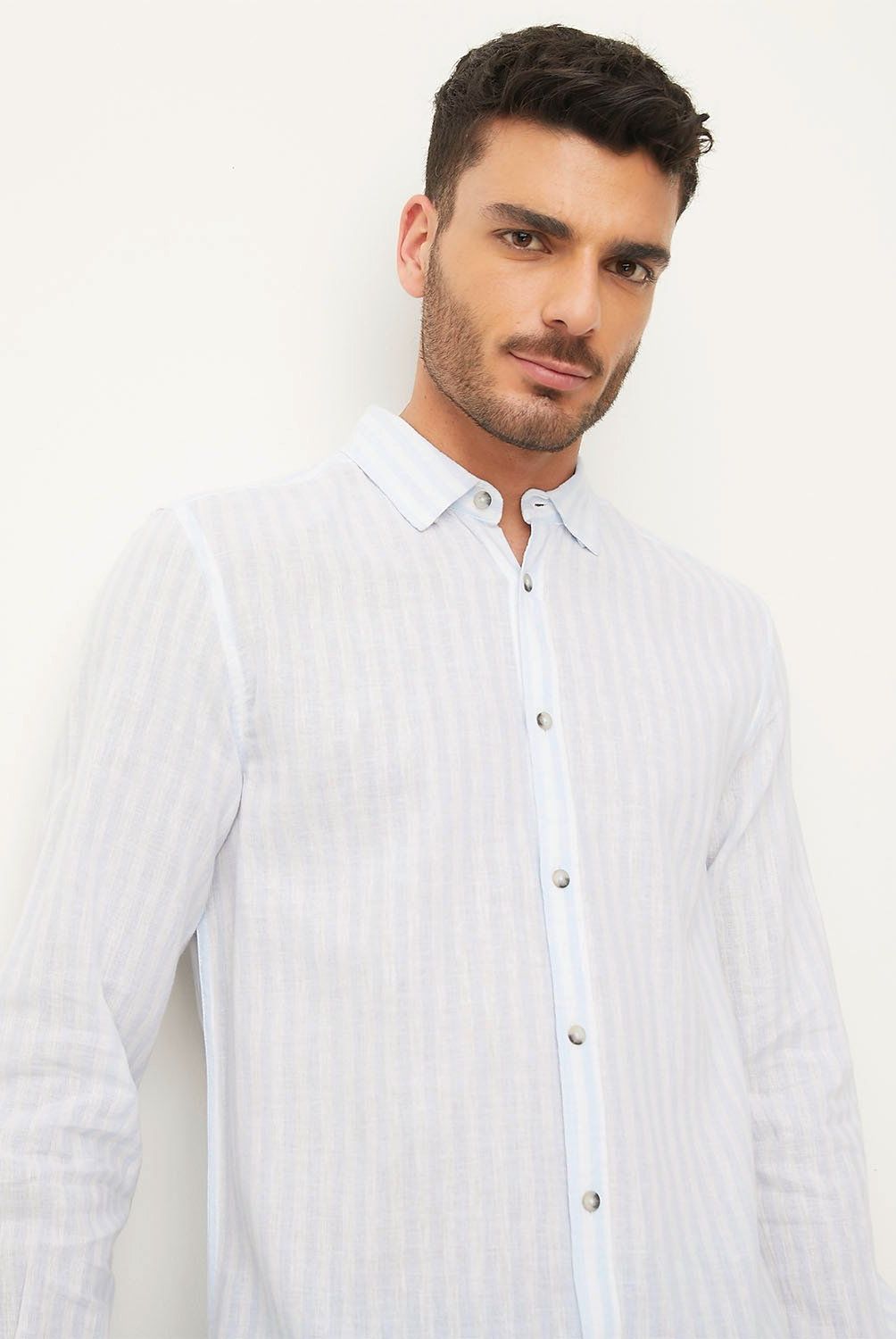 BASEMENT - Camisa Basement Hombre Lino Manga Larga Casual a Rayas
