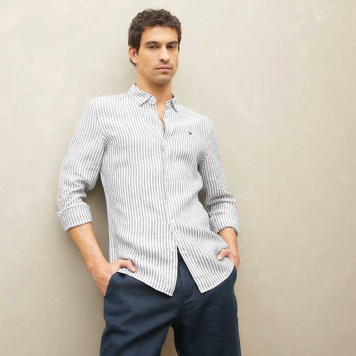 WOLF&HANK - Camisa Casual Manga Larga Lino Hombre Wolf&Hank