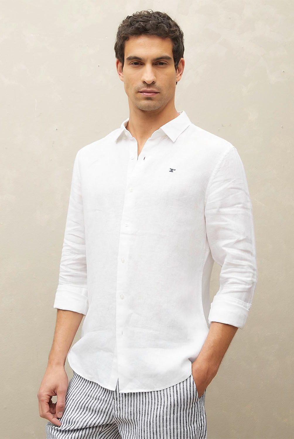 WOLF&HANK - Camisa de Lino Manga Larga Slim Fit para Hombre Wolf&Hank