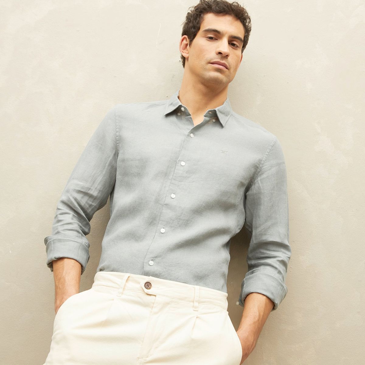 WOLF&HANK - Camisa de Lino Manga Larga Slim Fit para Hombre Wolf&Hank